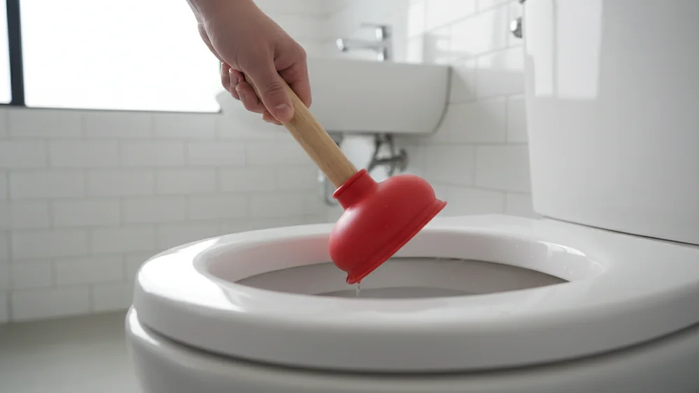 Mão a usar um desentupidor de borracha vermelho sobre uma sanita branca