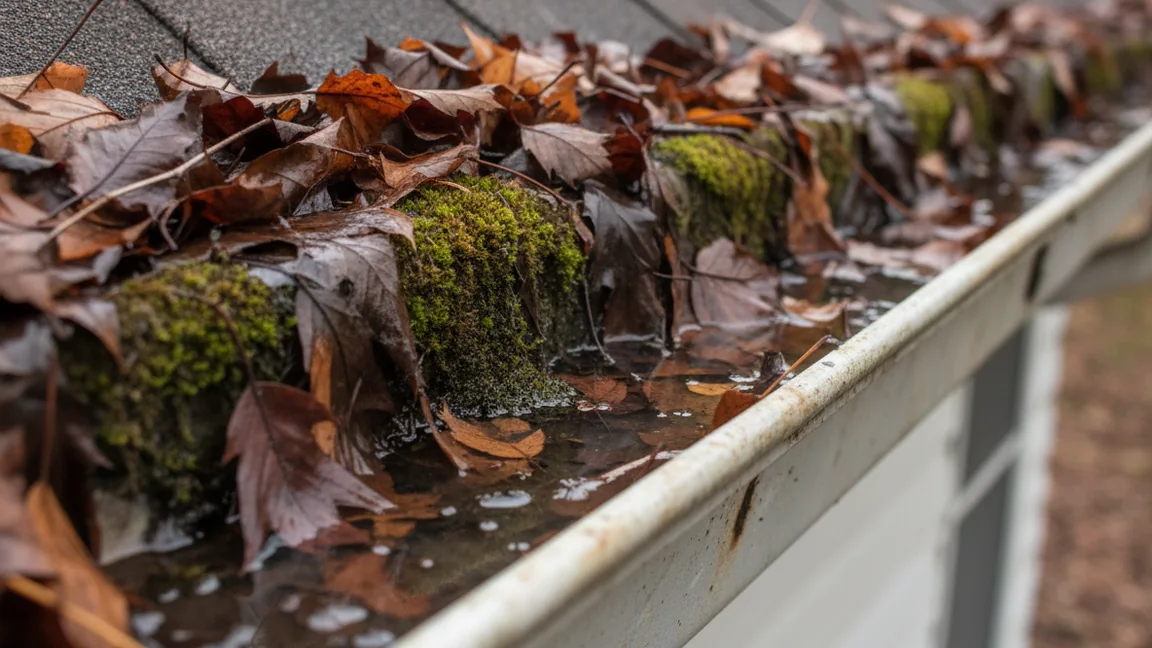 Caleira obstruída com folhas e musgo antes da limpeza