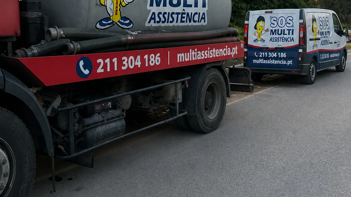 Camião-cisterna com mangueiras de sucção para limpeza de fossas sépticas