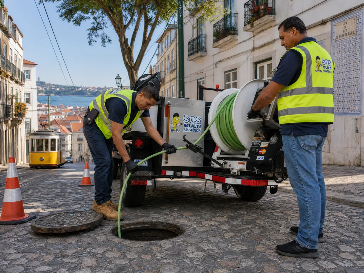 Desentupimento de esgoto com jato de alta pressão numa rua de Lisboa — SOS Multiassistência
