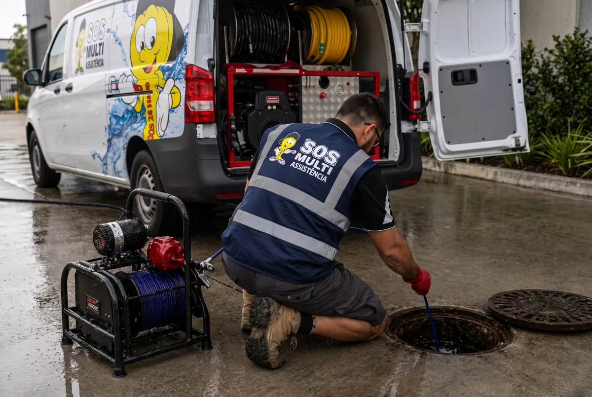 Desentupimento de caixa de esgoto com máquina elétrica — SOS Multiassistência