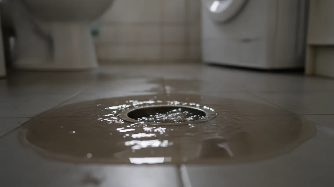 Ralo de chão de uma casa de banho com água escura de esgoto a transbordar e a espalhar-se em poça pelo azulejo, com a base de uma sanita e de uma máquina de lavar ao fundo