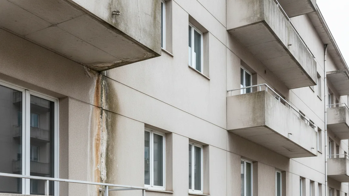 Fachada de um prédio de vários andares com uma escorrência de humidade a descer pelo reboco sob uma varanda