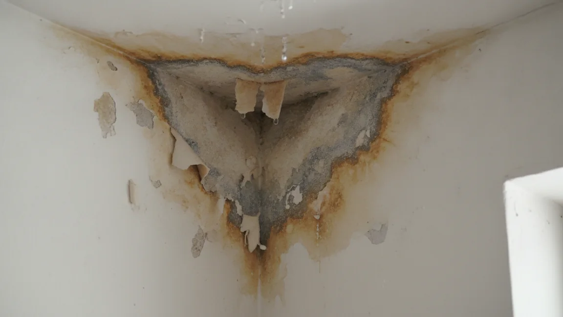 Mancha de humidade com tinta a levantar num canto de parede e teto interior