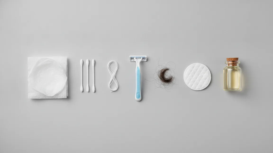 Objetos comuns de casa de banho alinhados sobre fundo neutro: toalhita, cotonetes, fio dental, lâmina descartável, cabelo, disco de algodão e um frasco de óleo