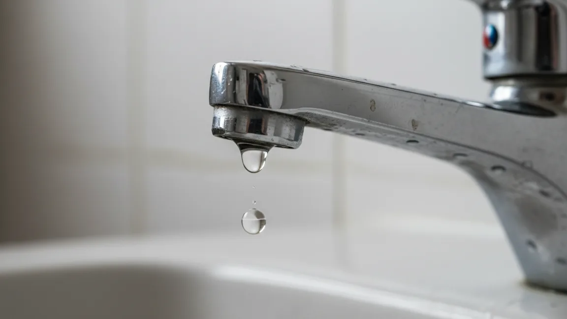 Grande plano da bica de uma torneira misturadora cromada, com marcas de água no arejador, uma gota suspensa no aro e uma segunda gota a cair, sobre um lavatório desfocado